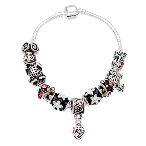 Perles de verre tibetain 925 Bracelet en argent plaque coeur