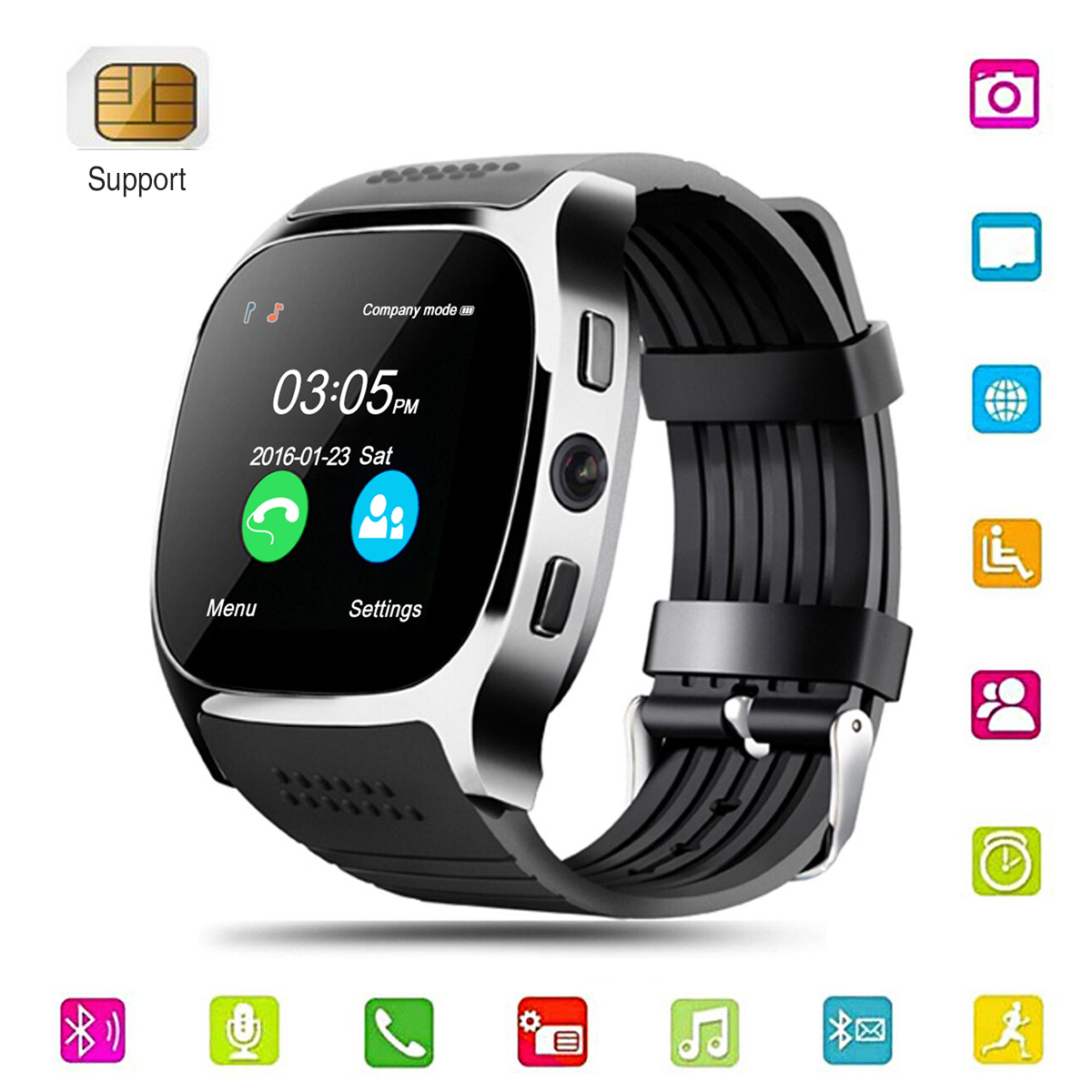 LYNWO T8 1.54 pouces MTK6261D Bluetooth podometre carte TF etendre GSM Smart Watch