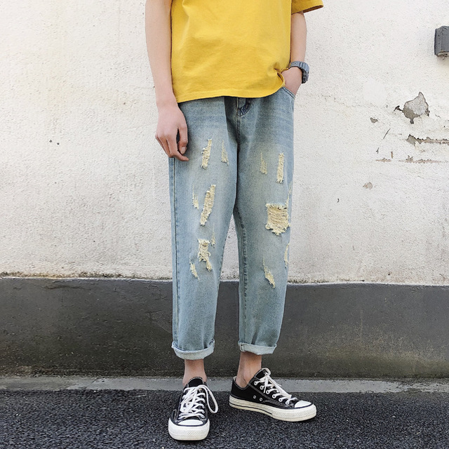 Japonais retro trou lave Jeans Male Ins Tendance lache droites Hong Kong vent garcons occasionnels neuf
