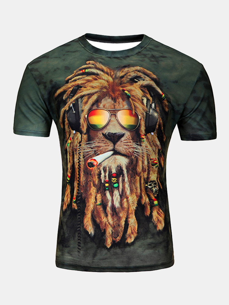 T shirt decontracte dete a col rond et a manches courtes 3D imprime lion pour hommes