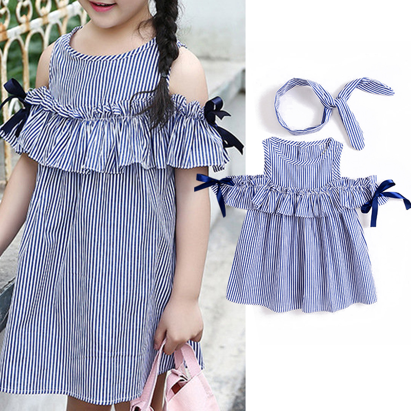 Épaule Épaule D'ete Style Imprime Filles Robes Ruffles Chest Stripe Toddler Filles Robe