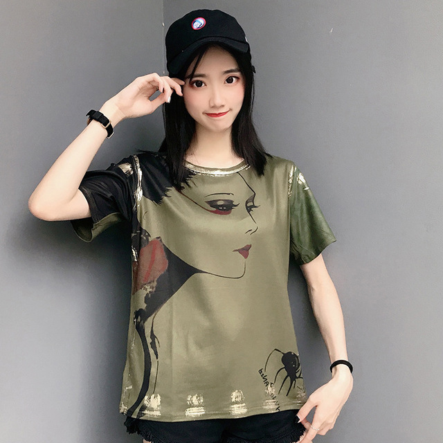 Style Hong Kong Super Cec Vert T shirt a manches courtes femme ouragan lache etrange caractere Motif Vetements