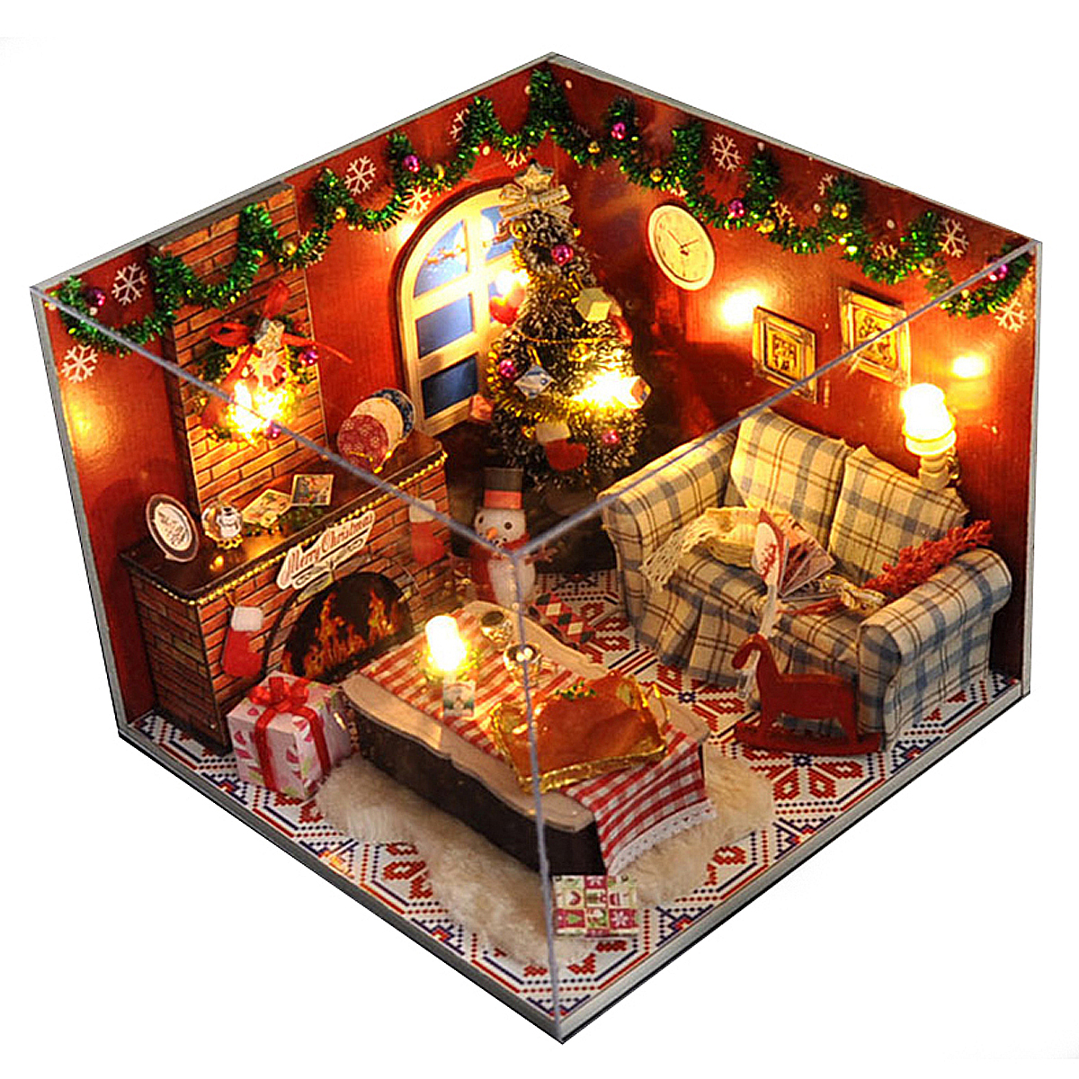 Kits de meubles de maison de poupee en bois LED Lumiere Miniature Chambre de Noel DIY Dolls House