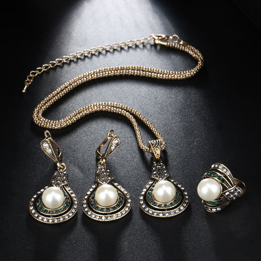 3 Stück Vintage Kürbisform Damen Schmuckset Perlenkristall verstellbare Halskette Ring Ohrringe Satz