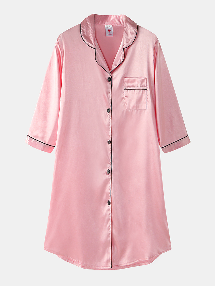 Plus Größe Damen Ice Silk Brusttasche 3/4 Ärmel Shirt Gemütliches Nachthemd Mit Kontrastbindung