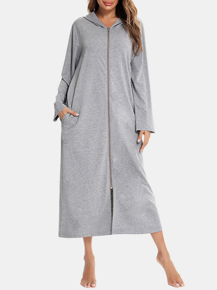 Plus Größe Damen Baumwoll-Langarm-Nachthemd mit Kapuze und langem Ärmel und Taschen
