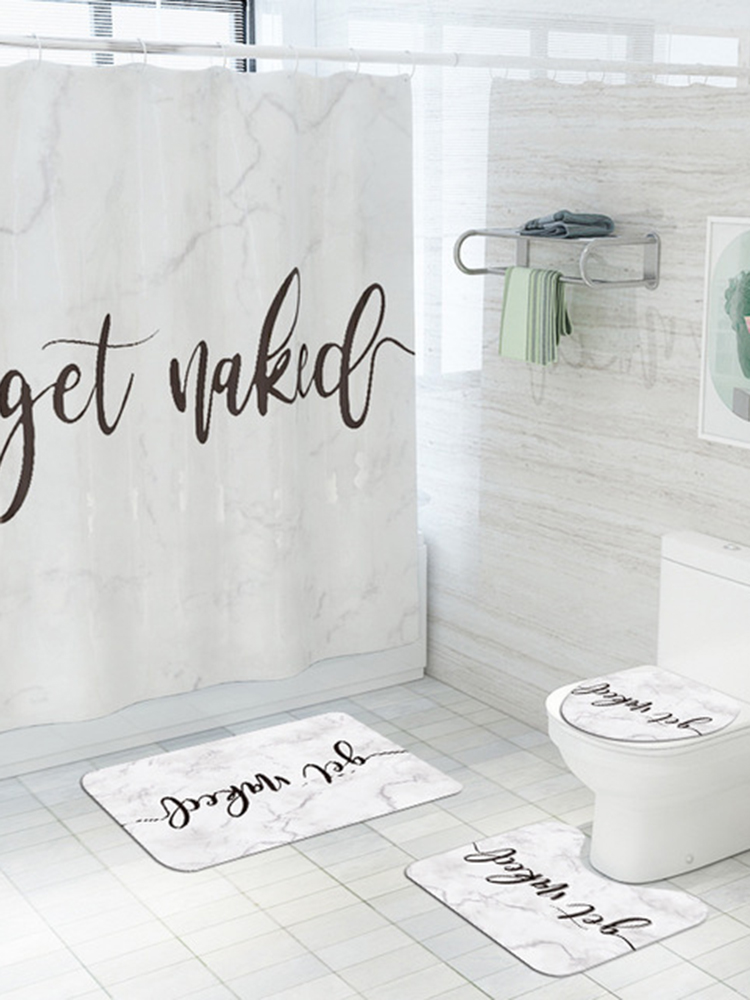 Marmor gemusterter Briefdruck Duschvorhang Teppichmatte Vierteiliger Badezimmerkissenbezug Dekorativer Vorhang