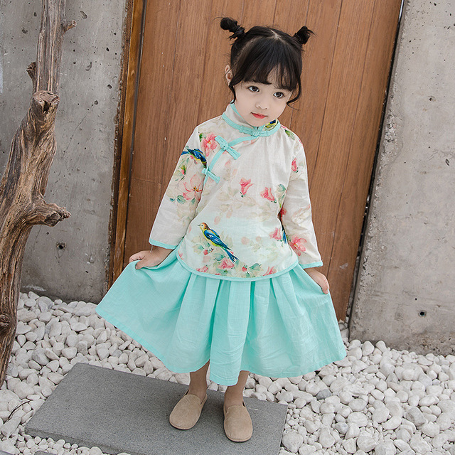 Les filles de style chinois tops jupe Kingfisher Hanfu jupe costume deux pieces pour enfants usure costume national vent jupe