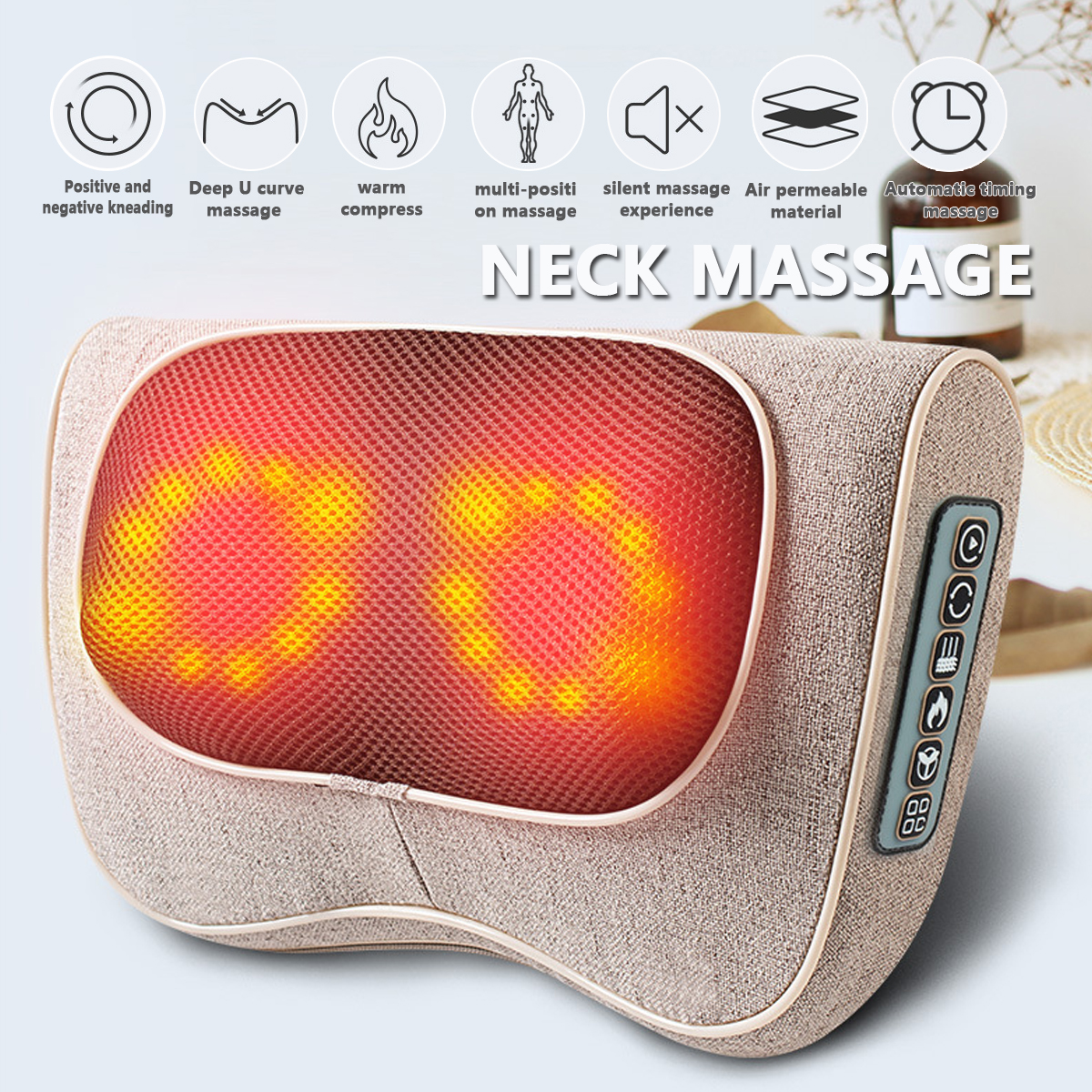 100-240V 3 Speed Back Neck Massager 20 Heads Massage Pillow Heat Deep Tissue Kneading Massager for Cervical Shoulder Waist Muscle Pain Relief Car Home Office Use