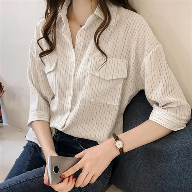 2019 printemps et en ete nouveaux etudiants Bf Loose Striped Fan Fan Han chemise chic chemise de style Hong Kong maree des femmes