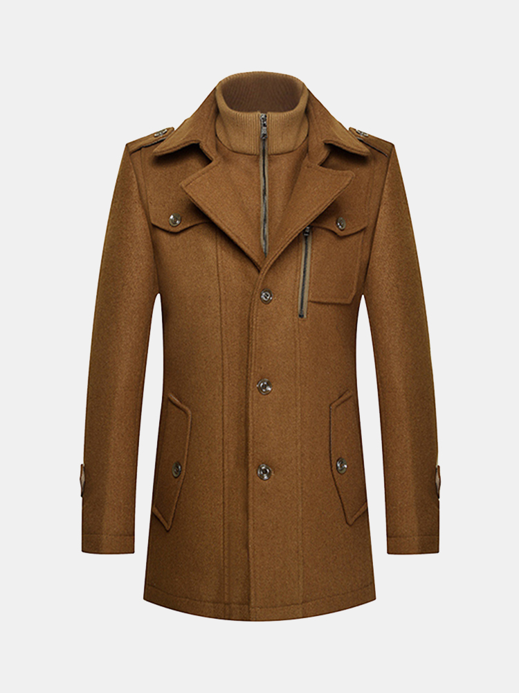 Trench coat Homme Hiver Epais Chaud en Laine Col Crante Manteau Exterieur avec Fermeture Eclair et Boutons