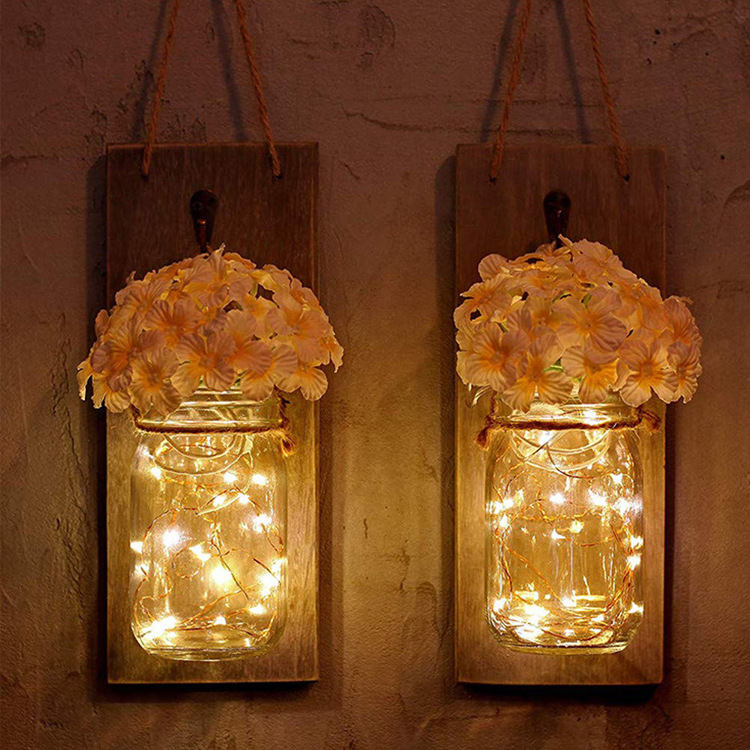 2pcs lumiere de fleur de bocal a conserves avec minuterie de 6 heures LED guirlandes et fleurs rustique decor a la maison 