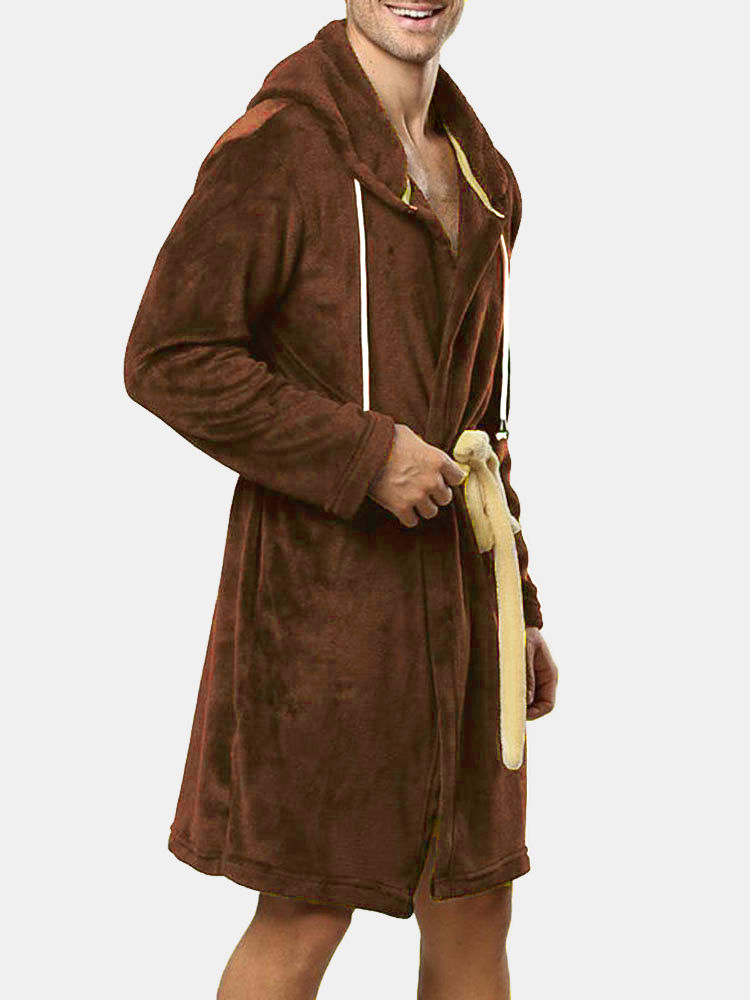 Peignoir de pyjama en flanelle pour homme avec cordon de serrage thermique épais à capuche