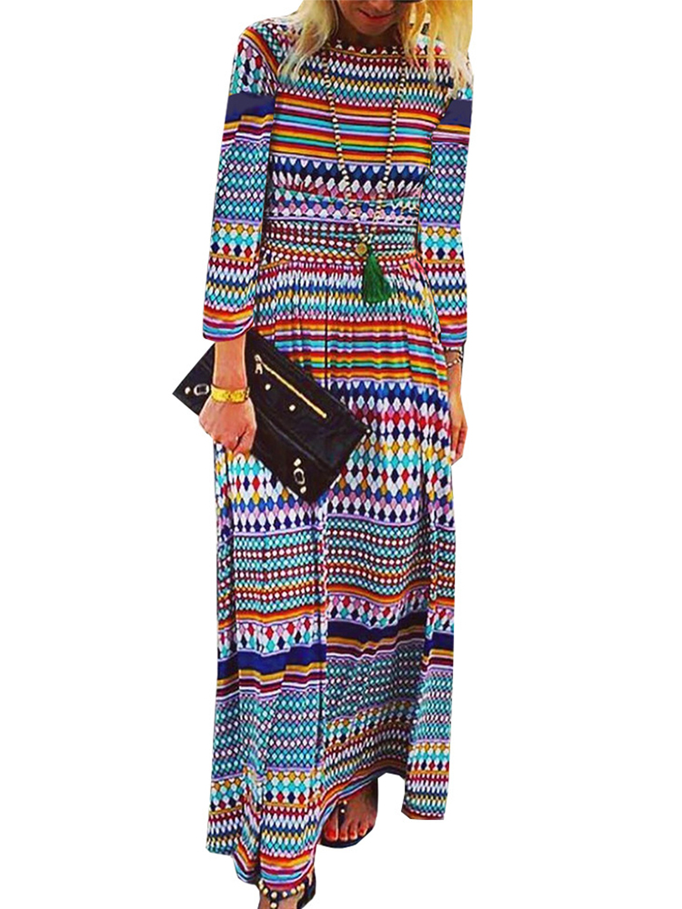 Ethnischer Streifen-Druck mit langen Ärmeln Bohemian Maxi Kleid