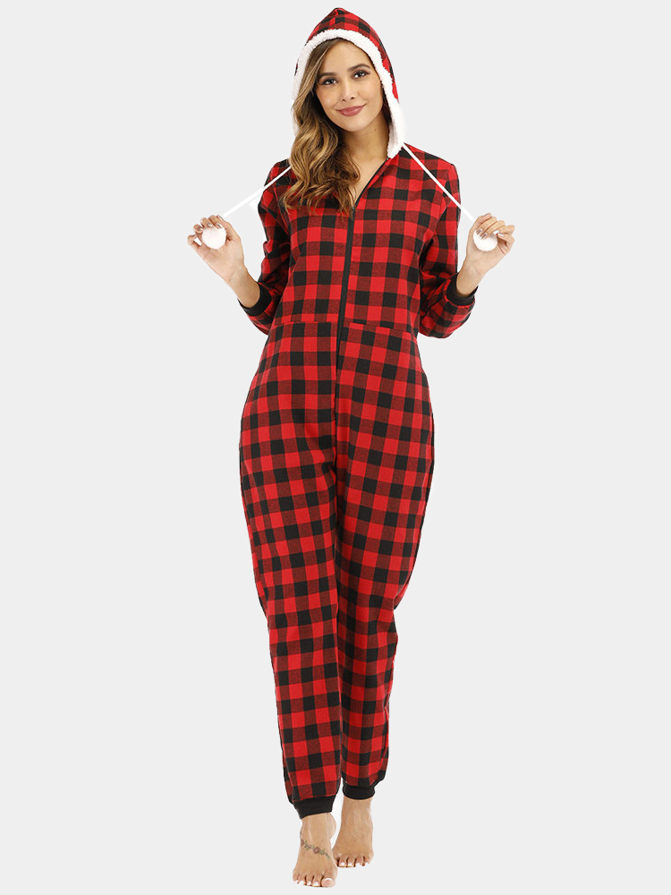 Plus Größe Plaid Jumpsuits Damen Pyjamas Kapuze Front Reißverschluss Home Plush Nachtwäsche