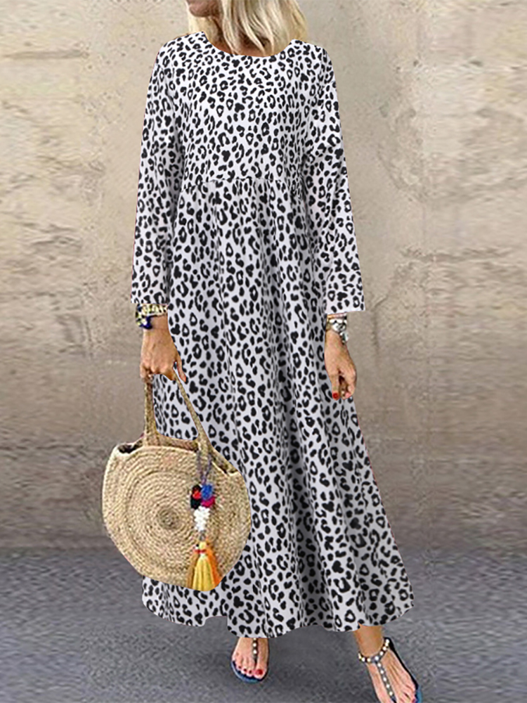 Lässiger Langarm mit Leopardenmuster Plus Größe Maxi Kleid