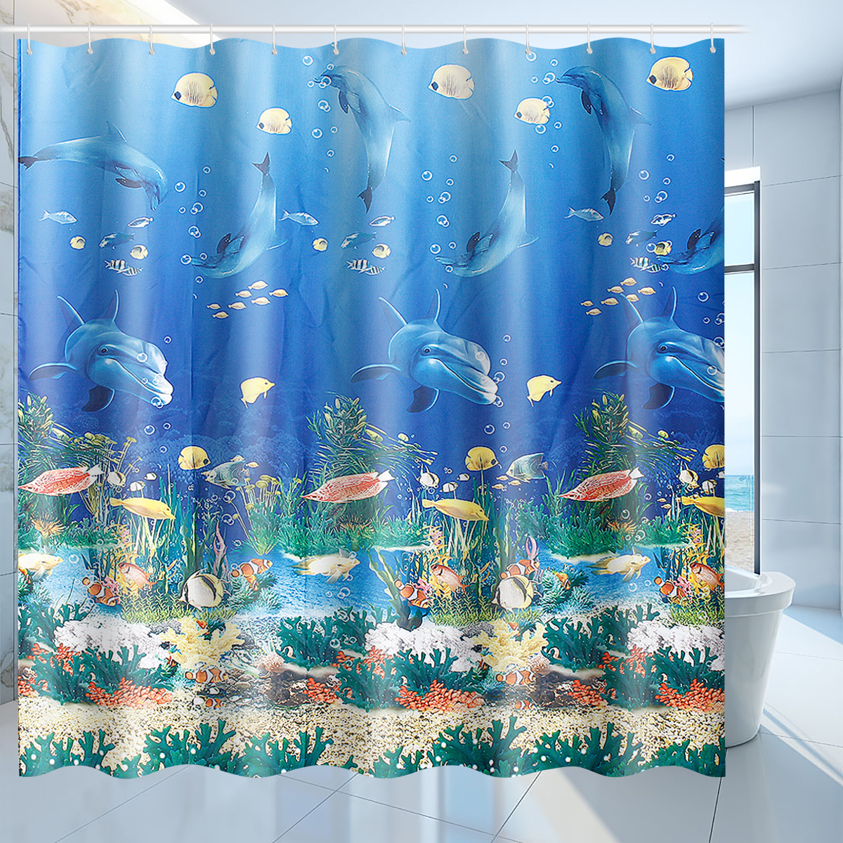 Rideau de douche en polyester impermeable, ocean, 180x180cm, decor de salle de bain avec 12 crochets