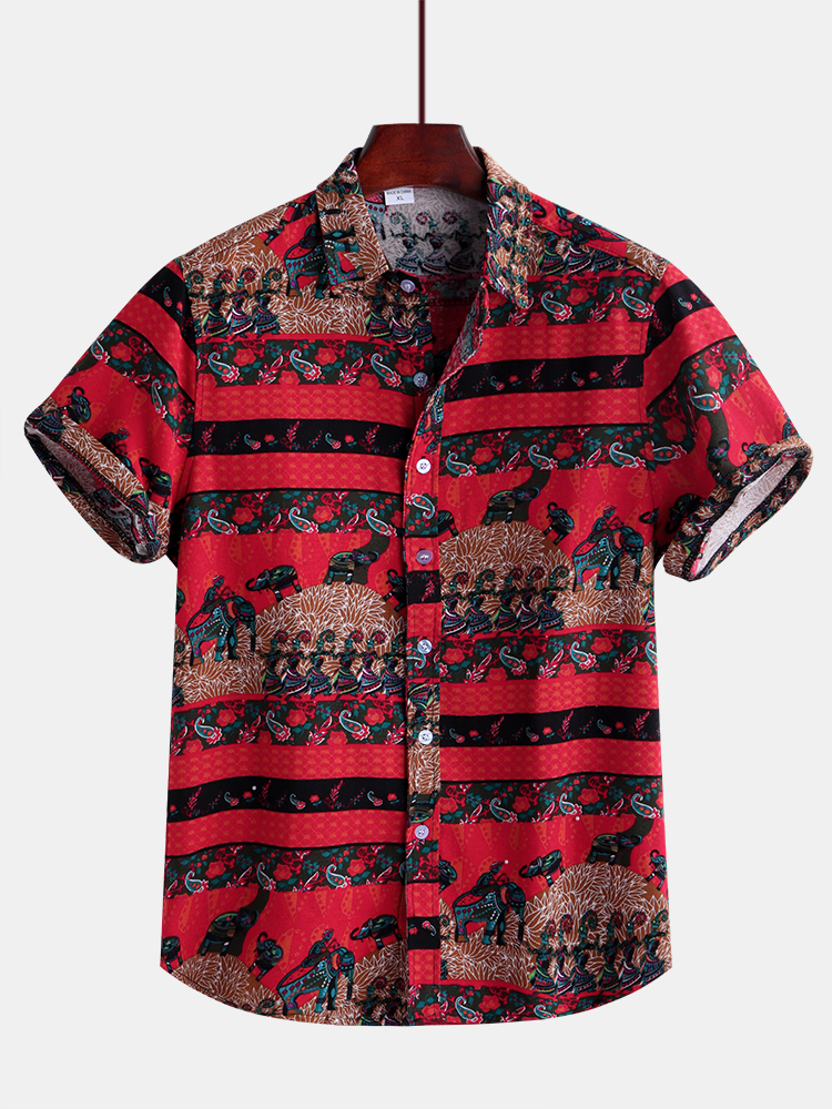 Herren Little Eleplant Printed Ethnic Style Kurzarm Loose Casual Shirt