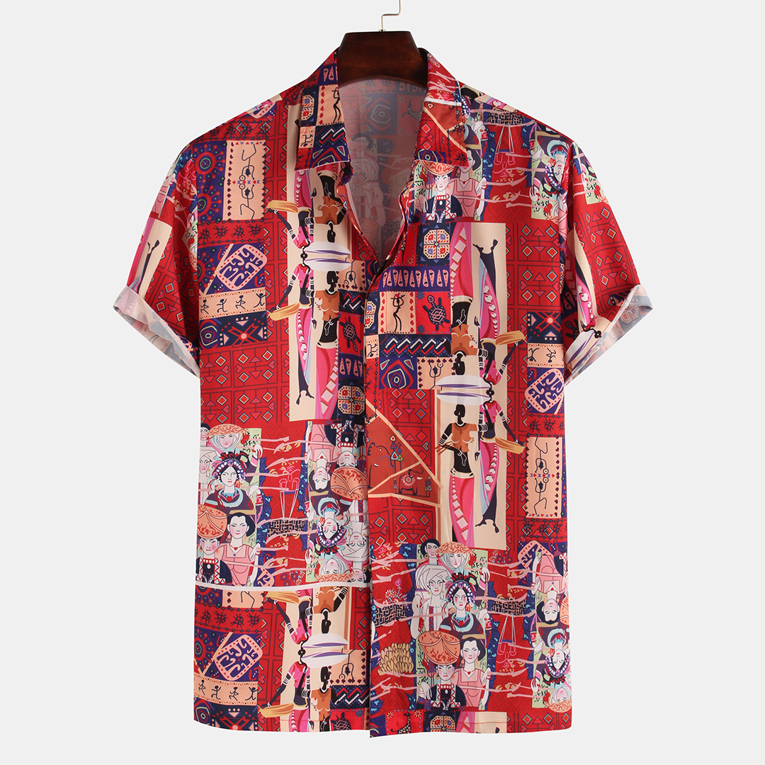 Caractere drole de style ethnique pour hommes imprimant des chemises de designer en vrac a manches courtes