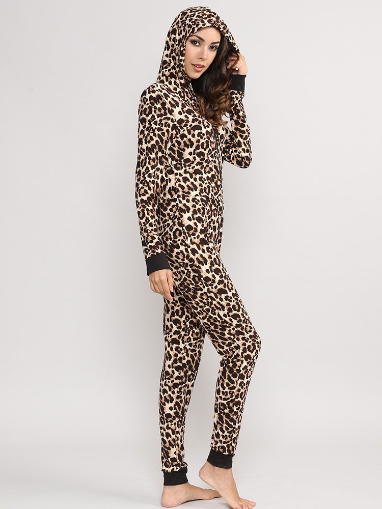 Plus Größe Leopard Onsies Pyjamas Kapuze Reißverschluss vorne Home Nachtwäsche für Damen