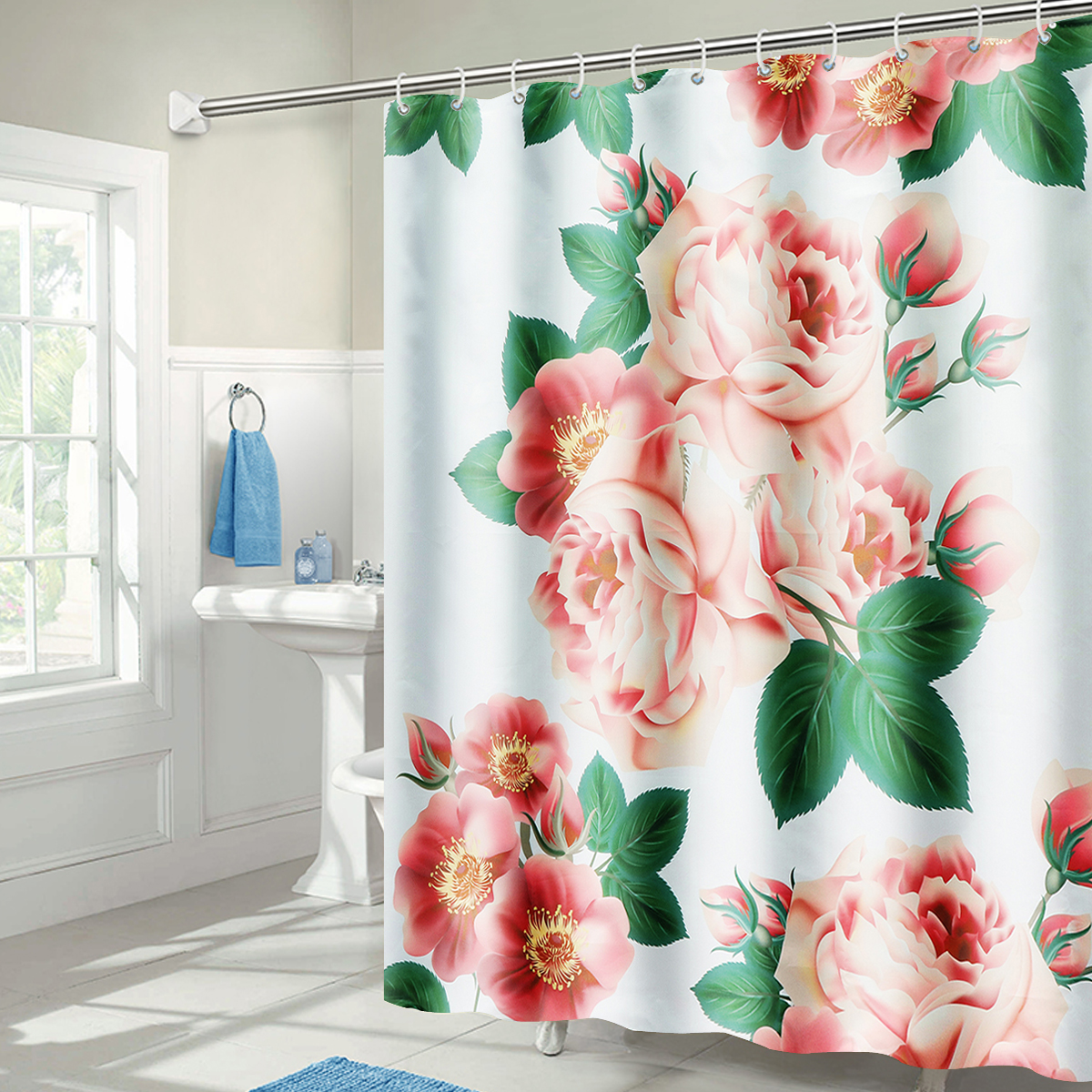 71x71 Rideau de douche en polyester impermeable avec motif de fleurs de pecher de long