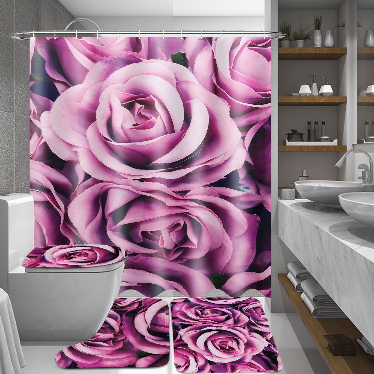180x180cm Purple Rose Rideaux de douche avec crochet tapis de toilette tapis