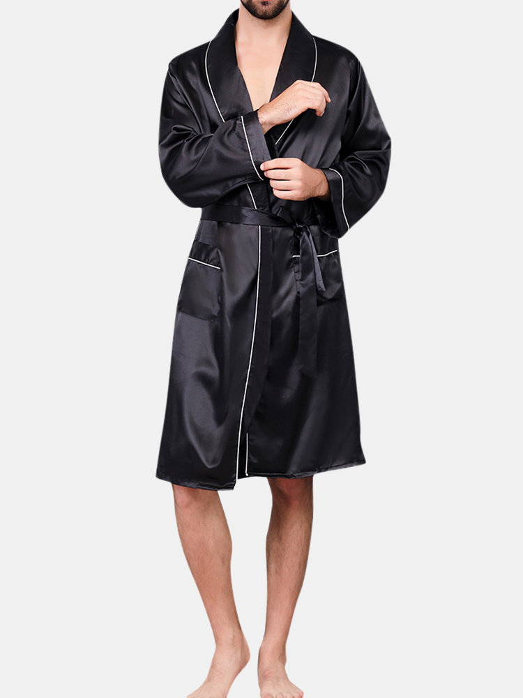 Hommes Faux Soie Robe De Pyjama Noir Lisse Respirant Cordonnier Vetements De Nuit Avec Des Poches A La Taille