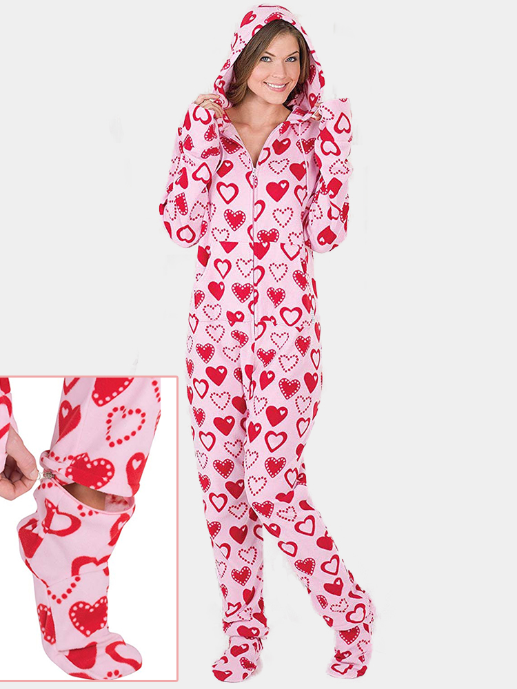 Plus Größe Jumpsuits mit Kapuzenfüßen Pyjamas Hearts Print Front Reißverschluss Damen Flush Nachtwäsche