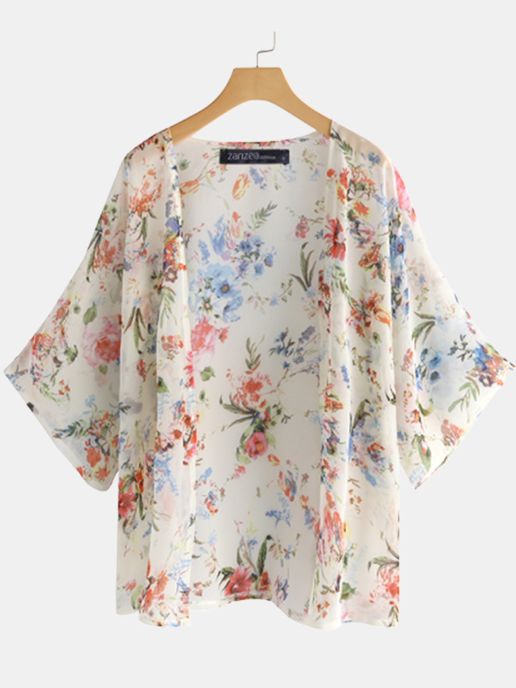 Imprimé Floral Manches 3/4 Décontracté Plus Taille Kimono