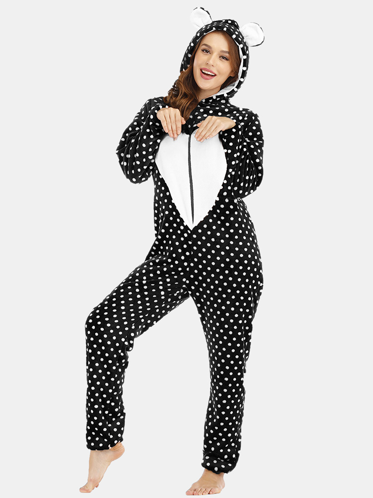 Plus Größe Süße Flanelle Onesies Pyjamas Kapuzenherzen Polka Dot Front Reißverschluss Home Nachtwäsche