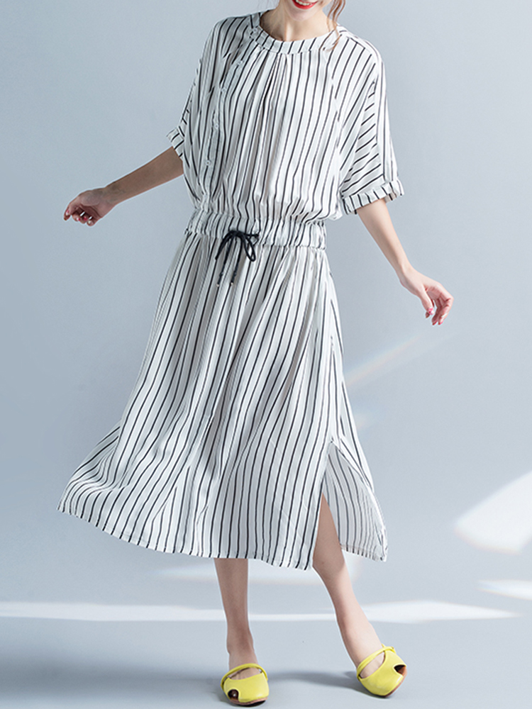 Women Vertical Stripe Dress Half Sleeve Elastic Waist Loose Dresses at ...