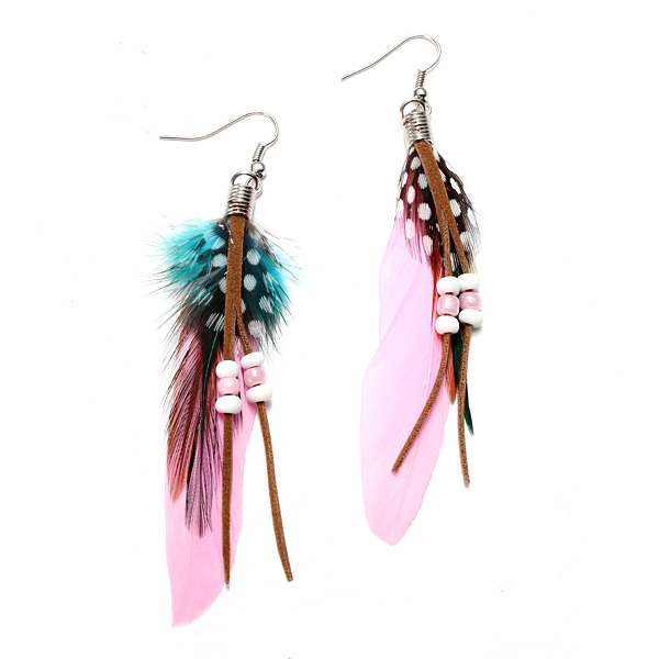 Indian Leather Hen Feather Dangle Bead Ear Drop Party Earrings - US$2.35