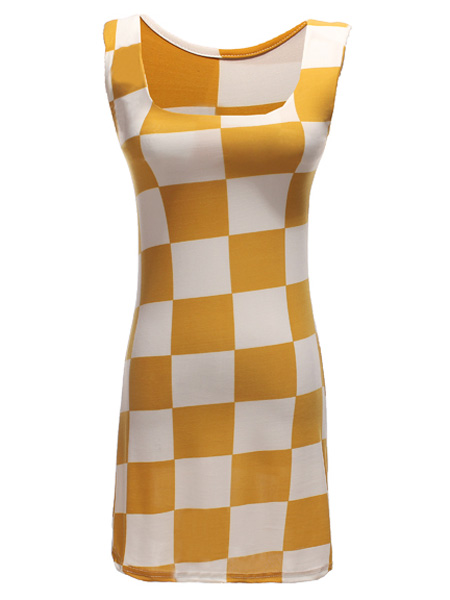 

BG-impression Yellow And White Plaid Round Collar Sleeveless Dress
