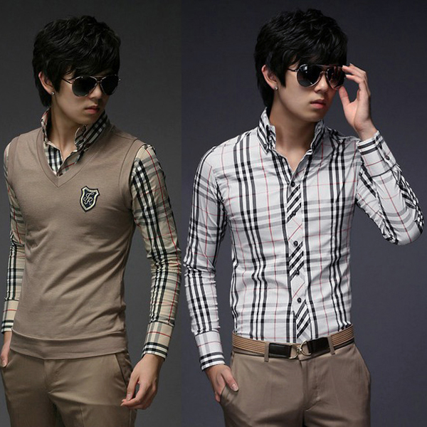 Men's Fashion Casual Slim Plaid Long-sleeved Shirt - US$12.29 sold out