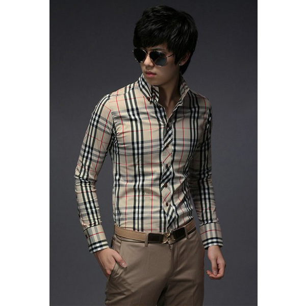 Men's Fashion Casual Slim Plaid Long-sleeved Shirt - US$12.29 sold out