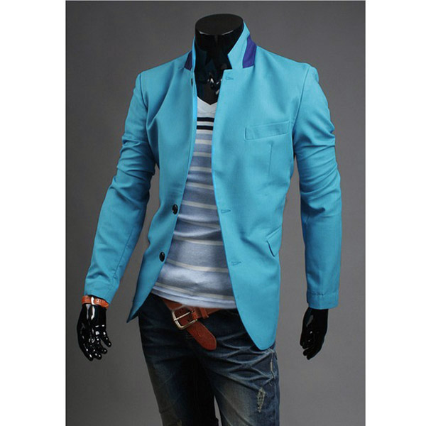 Men's Fashion Hit Color Small Buckle Collar Design Basic Suit - US$28. ...