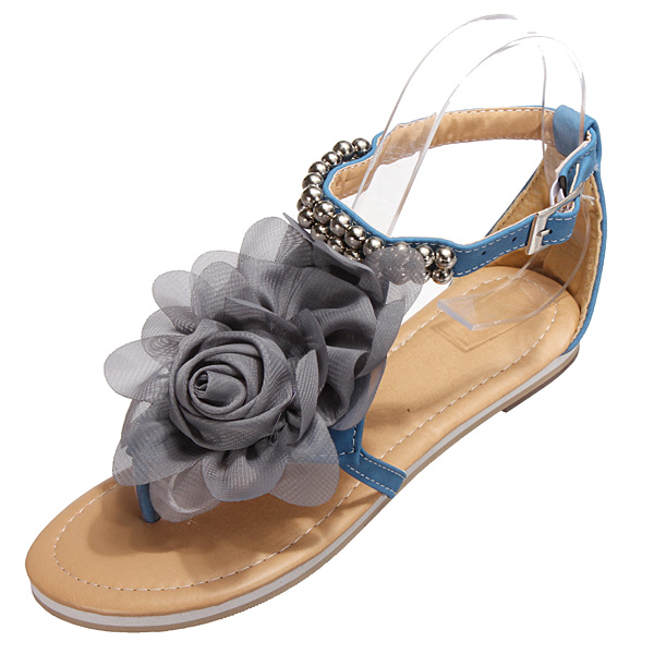 Chiffon Fabric Flower Flats T Straps Sandals Beach Shoes - US$15.97