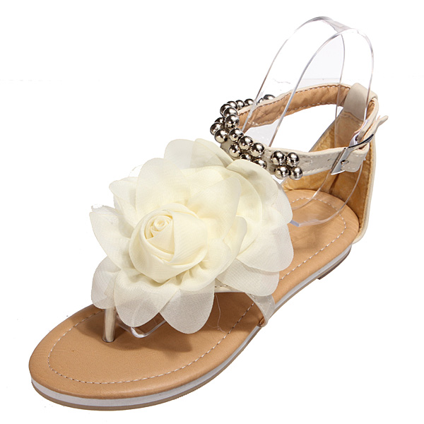 Chiffon Fabric Flower Flats T Straps Sandals Beach Shoes - US$15.97