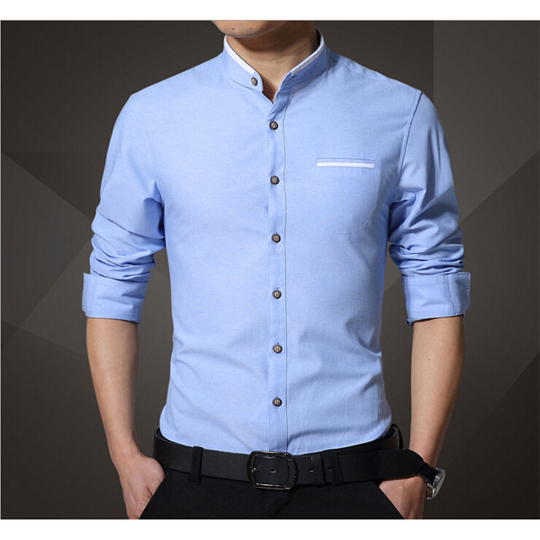 Mens Stand Collar Cotton Casual Long Sleeve Pocket Stitching Dress ...