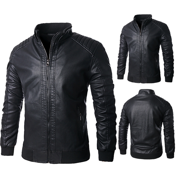 Motorcycle PU Leather Jacket Mens Black Lining Stand Collar Zipper ...