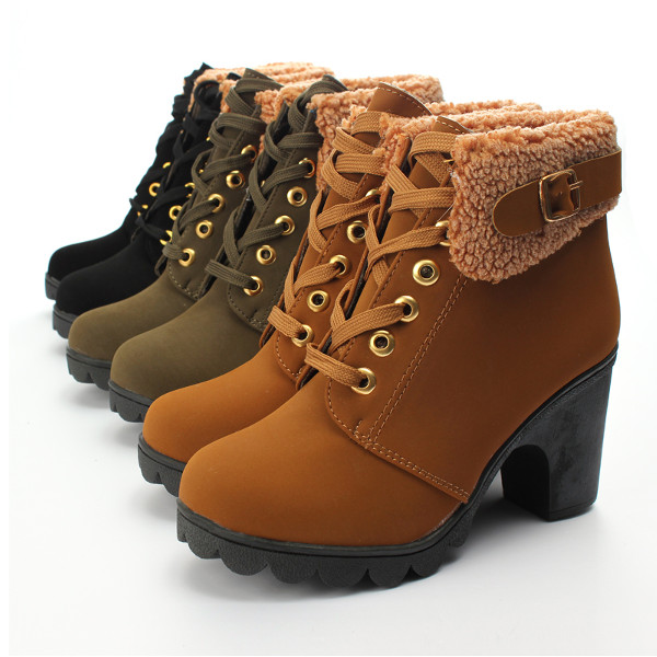 Womens Faux Fur Lace Up Ankle Boots High Chunky Heels Cleated Sole ...
