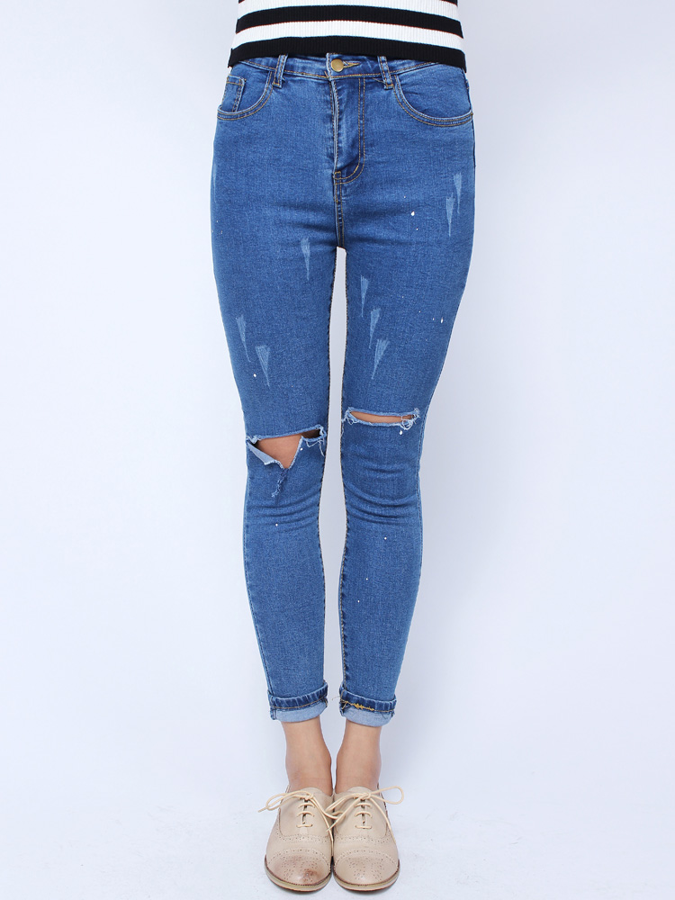 Fashion Casual Blue Denim Battered Holes Long Trousers Pants Jeans at ...