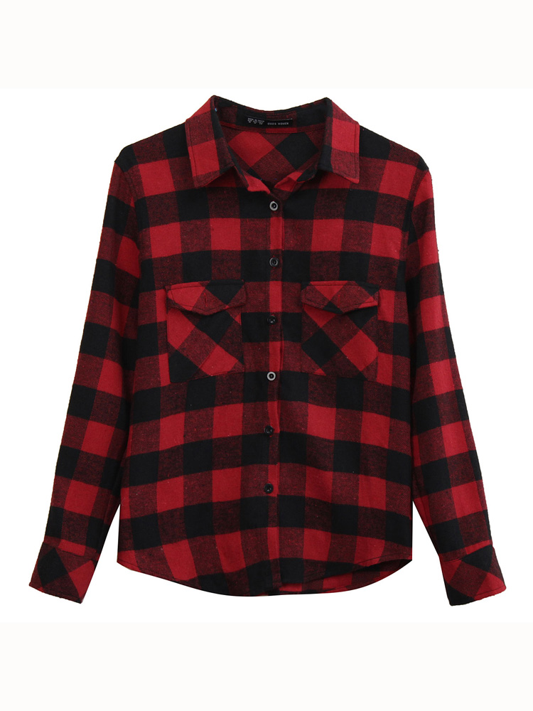 Women Black Red Plaid Checkered Pockets Shirt Blouse at Banggood sold out