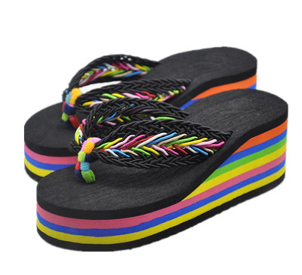 Women Fashion Wedge Platform Slippers Hight Heel Rainbow Flip Flops ...