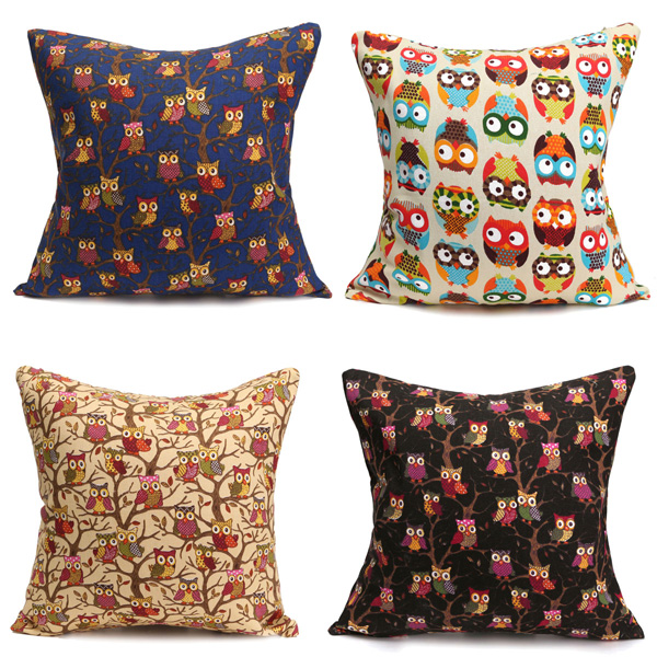 

Double Side Cartoon Owl Bird Cotton Linen Pillow Cases Sofa Back Throw Cushion Cover