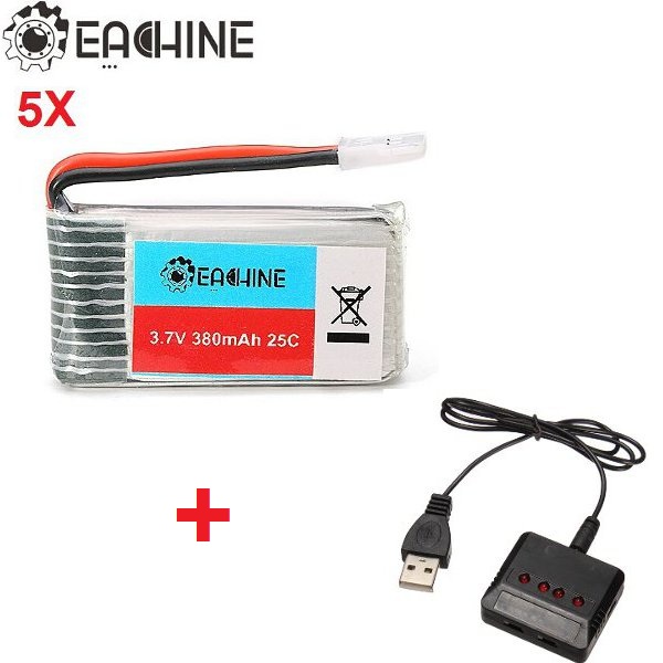 

5x Eachine 3.7v 380mah Lipo Battery with 4 In 1 X4 Battery Charger for H107L H107C H107D