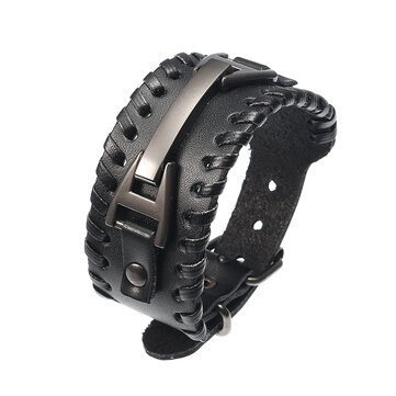 Punk Genuine Leather Bangle Chain Handmade Alloy Woven Wide Adjustable Men Bracelet