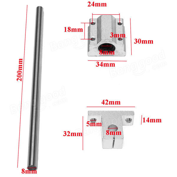 SCS8UU/SK8 8x200mm Optical Axis Linear Ball Bearing Rail Guide Support CNC Set