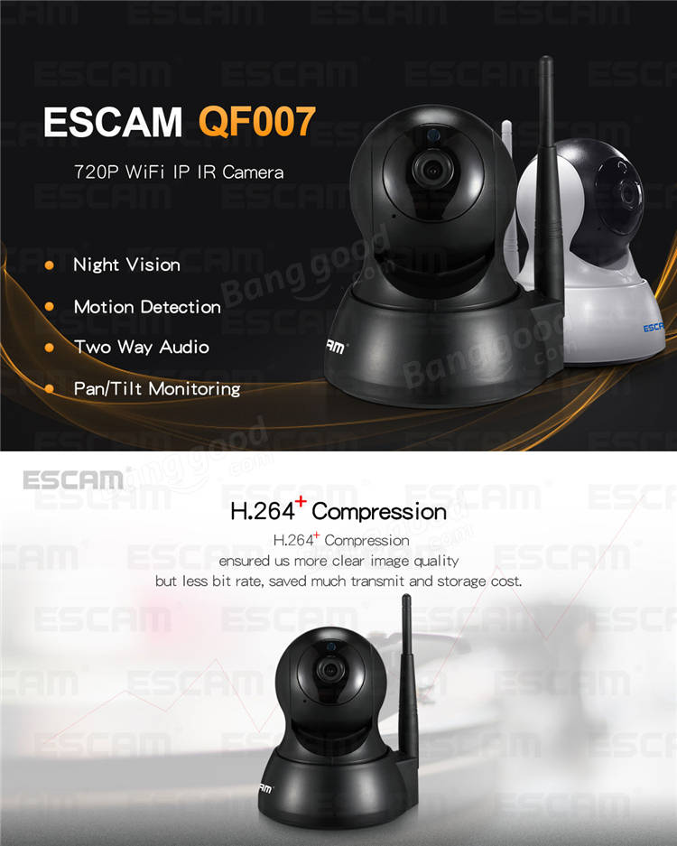 ESCAM QF007 720P 1MP WiFi IP Camera Night Vision Pan Tilt Support ONVIF Motion Detection 64G TF Card