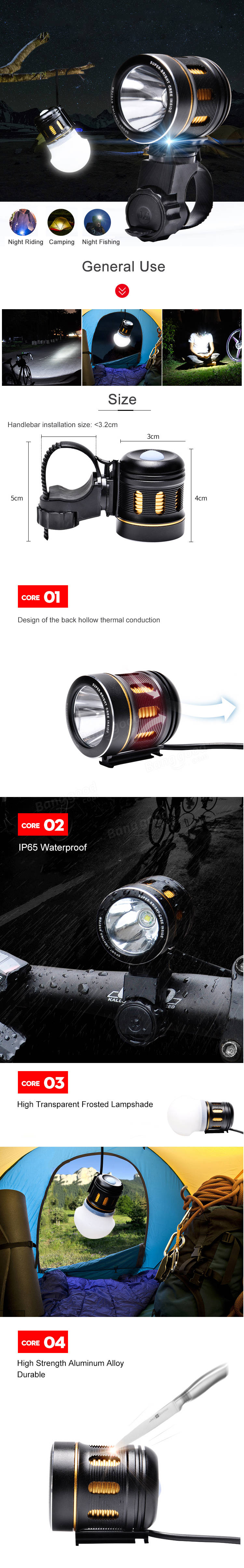 XANES 1000LM T6 Bicycle Front Light IP65 120° Wide Angle with Lampshade HeadLamp